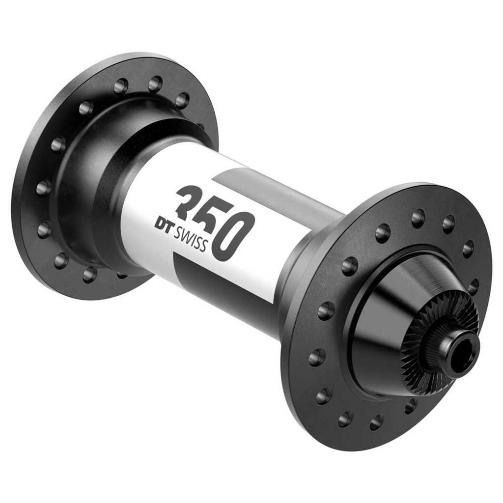 Zwarte DT Swiss 350 Race aluminium voornaaf met 32G gewicht en 100/5mm bevestiging, zichtbaar met details en afwerking.