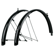Zwarte SKS Bluemels Basic spatbordenset voor 27,5 en 29 inch fietsen, inclusief voor- en achterspatborden, op een fiets gemonteerd