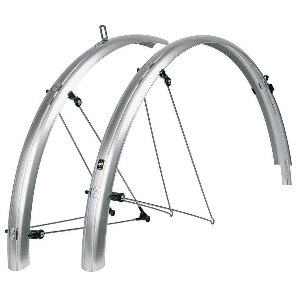 Zilveren SKS Bluemels Basic spatbordenset voor 27,5/29-inch fietsen, kleurrijk en robuust voor beschermd fietsen.
