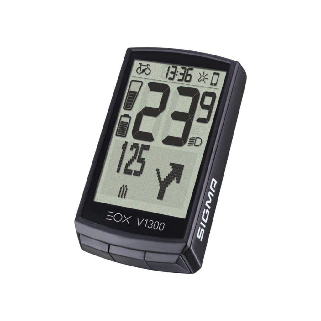 Zwarte Sigma EOX View 1300 fietcomputer voor e-bike met draadloze bediening en overzichtelijke display op fiets.