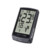 Zwarte Sigma EOX View 1300 fietcomputer voor e-bike met draadloze bediening en overzichtelijke display op fiets.