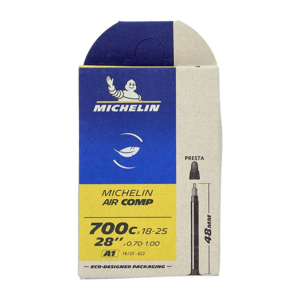 Michelin binnenband 28 inch Aircomp A1 met 48mm ventiel en 28x3/4-11/16 maat, zichtbaar in de afbeelding