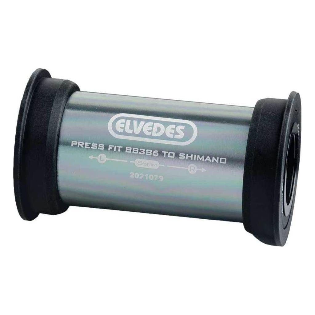 Zwart Elvedes Trapas Cupset Pressfit Shimano BB386 met trapas en crankarm voor mountainbike of racefiets.