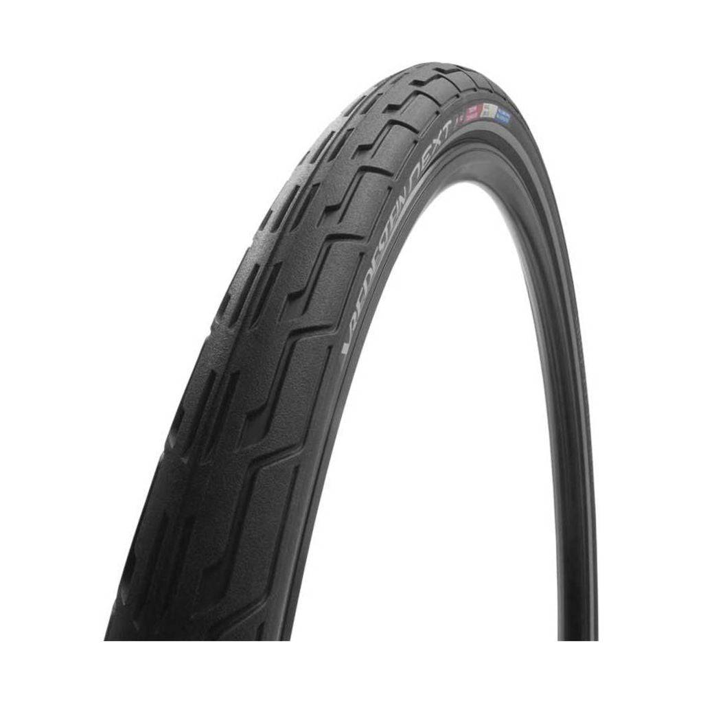 Zwarte Vredestein Next 28 E-bike buitenband met reflectie voor fiets, zichtbare profiel en reflecterende details.
