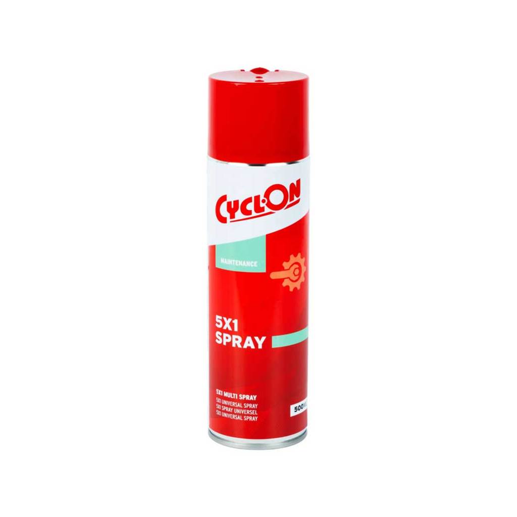 CyclOn 5-in-1 smeerspray in 500 ml fles, geschikt voor smeermiddelen en onderhoud van fietsen en machines.