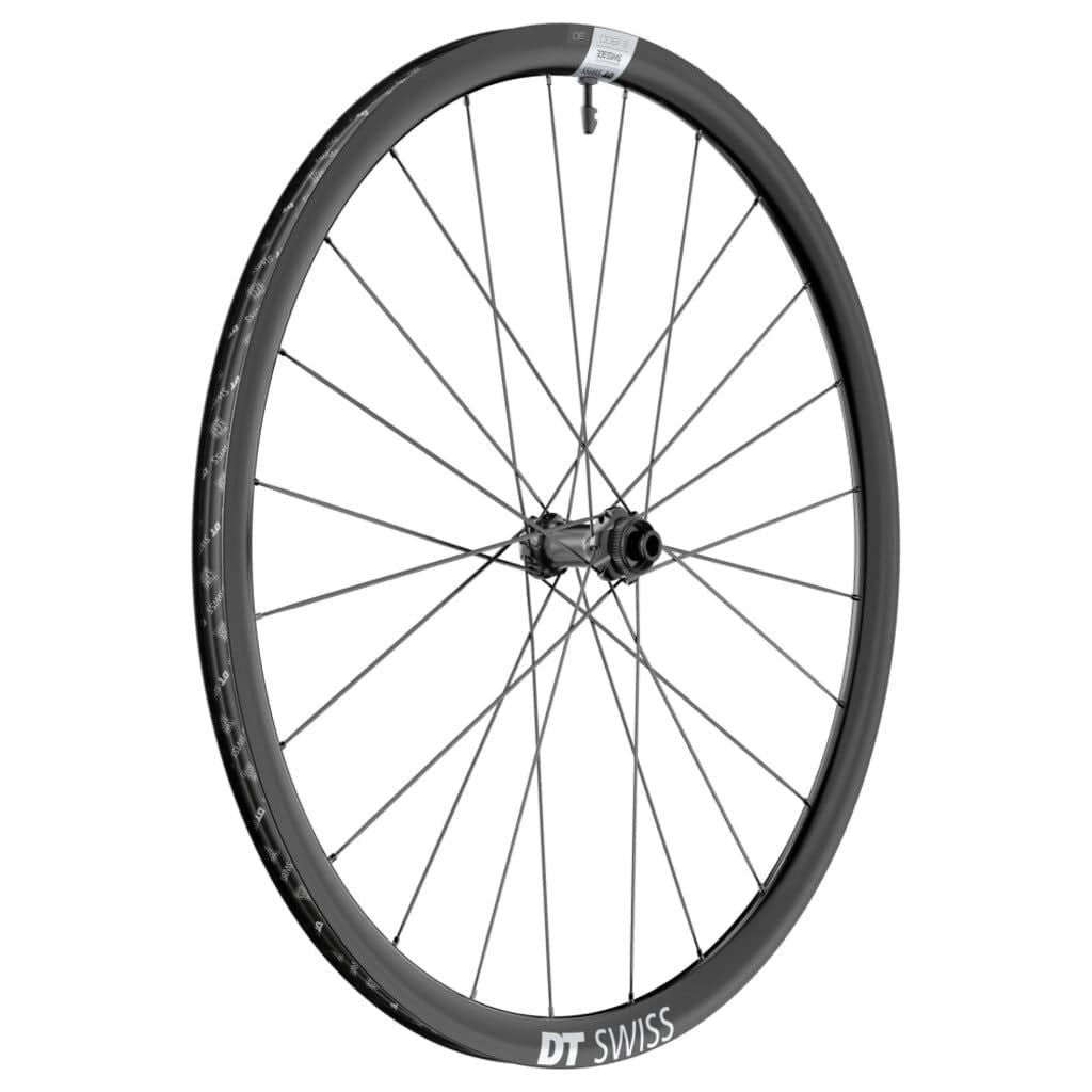 Zwart 28-inch DT Swiss E1800 Spline 30 DB racefiets voorwiel met discrem, aluminium velg en snelspanner, close-up van het wiel