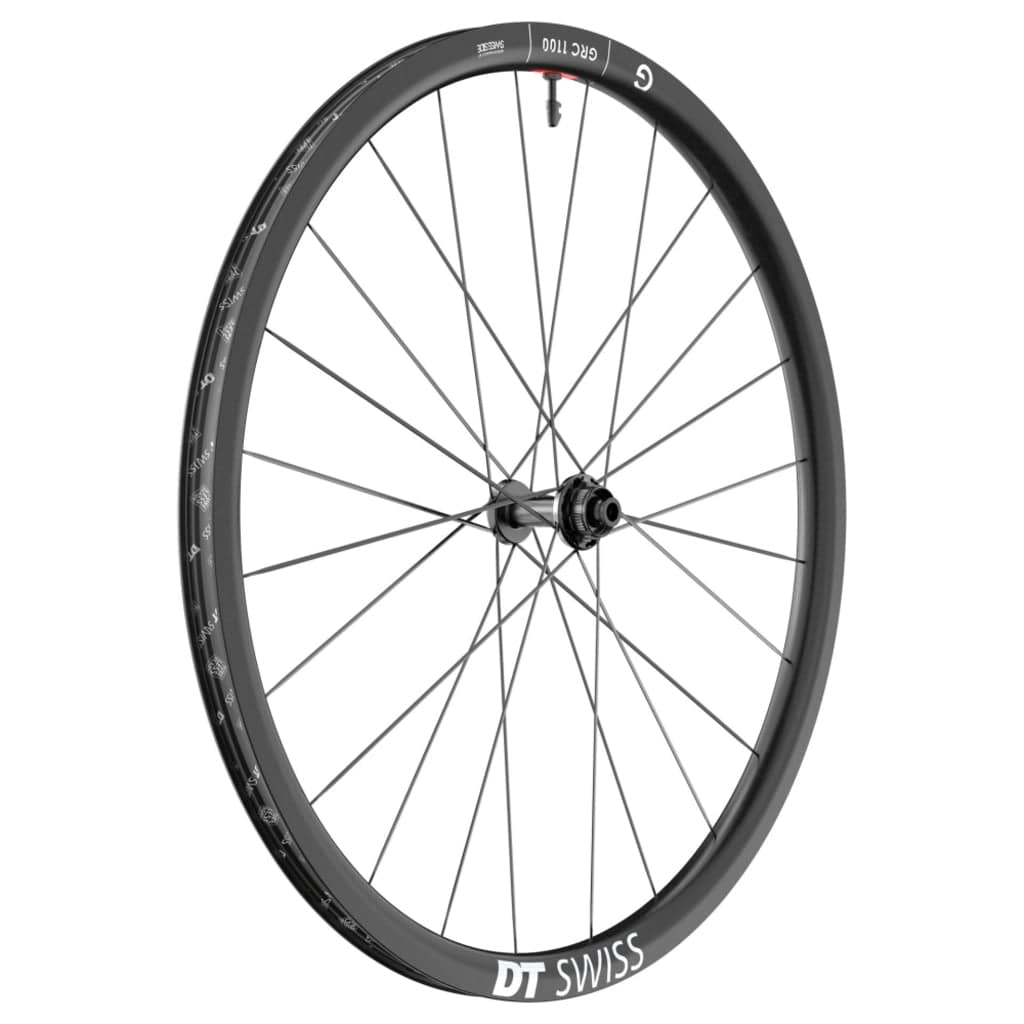 Zwart voorwiel 28 inch DT Swiss GRC1100 Dicut 30 DB Disc CL Carbon voor gravel fietsen, met geventileerde velg en disc rem.