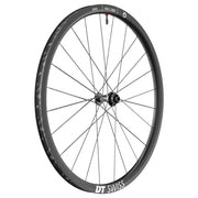 Zwart voorwiel 28 inch DT Swiss GRC1100 Dicut 30 DB Disc CL Carbon voor gravel fietsen, met geventileerde velg en disc rem.
