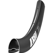 Zwarte DT Swiss 28" A510 DB disc aluminium velg met 24 mm breedte en 28/14 spaken, zichtbaar vanaf de zijkant.
