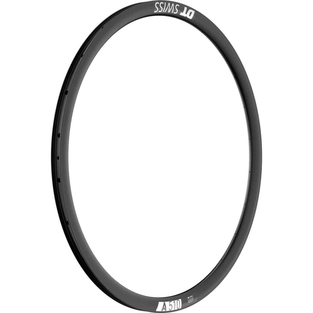 Zwarte 28-inch DT Swiss A510 DB aluminium velg met 32 spaken en 24mm breedte, geschikt voor disc remmen.