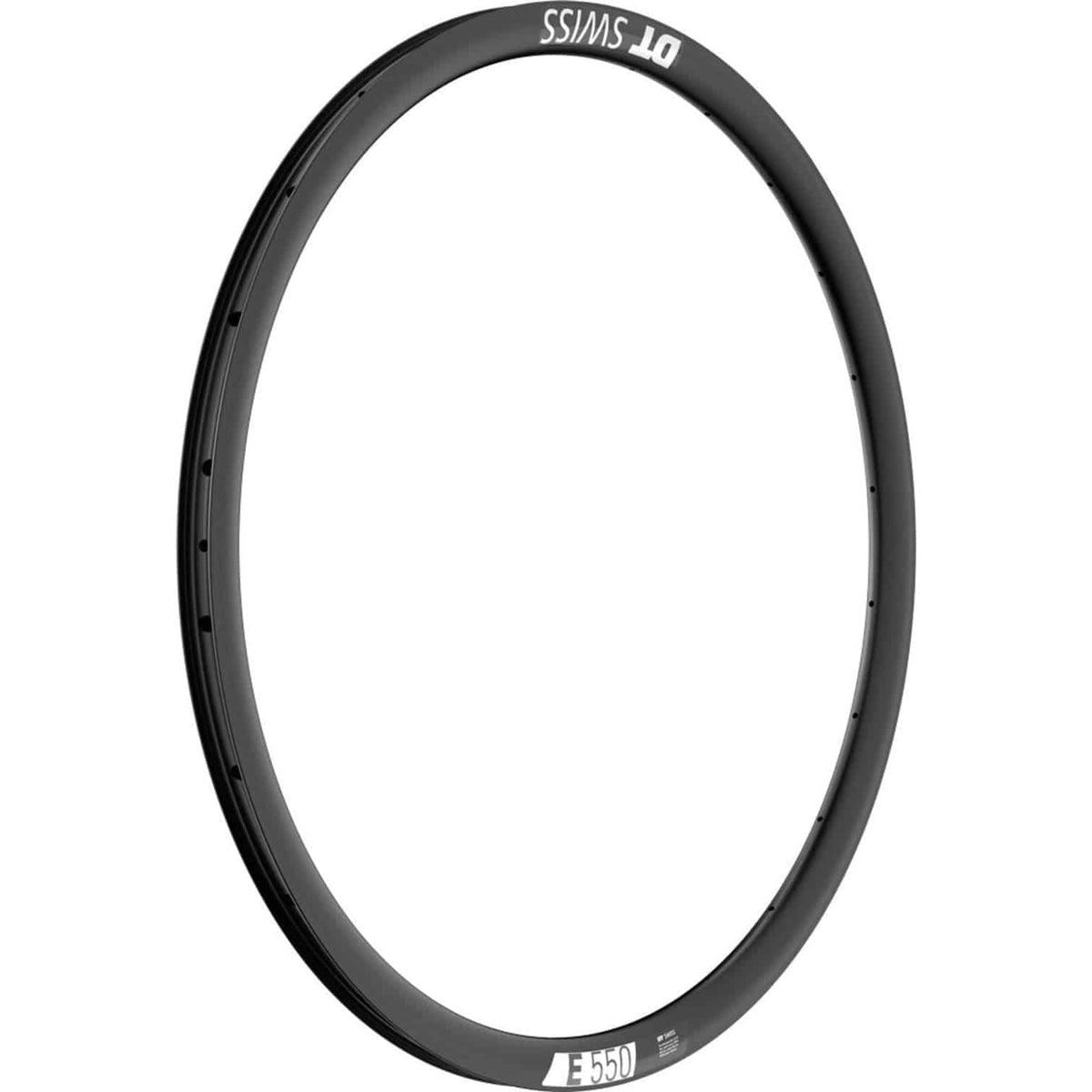 Zwarte 28-inch DT Swiss E550 DB aluminium velg met 26mm breedte en 28/14 spaken, geschikt voor disc remmen.