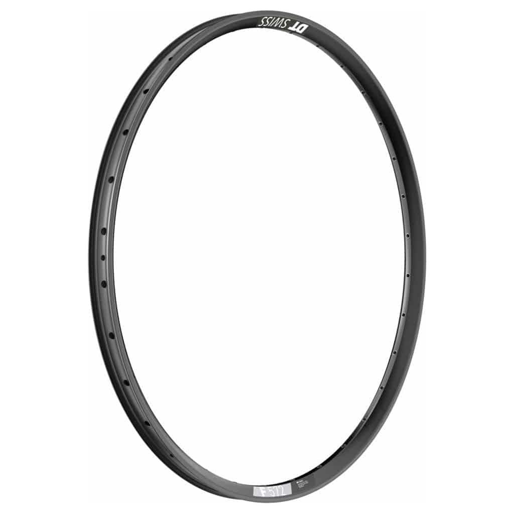 Zwarte DT Swiss 27.5-inch F572 aluminium velg met 35mm breedte en 28/14 steekspaken, geschikt voor schijfremmen