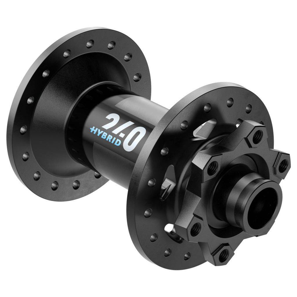 Zwarte DT Swiss 240 Hybrid ATB Boost disc voornaaf, aluminium, 32g, 110/15mm, geschikt voor mountainbikes