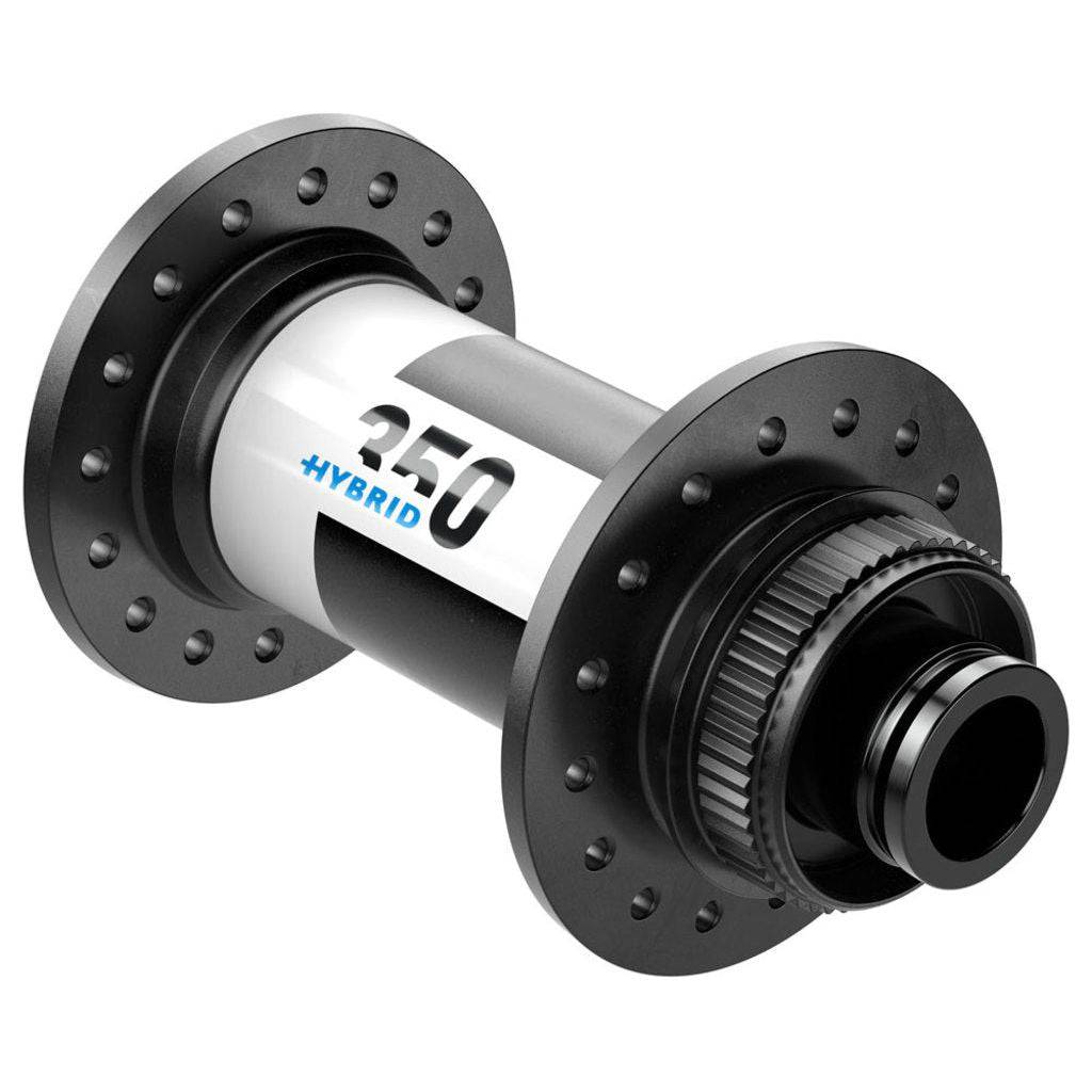Zwarte DT Swiss 350 Hybrid ATB Boost voornaaf met aluminium behuizing, 32g, 110/15mm boost, geschikt voor mountainbikes.