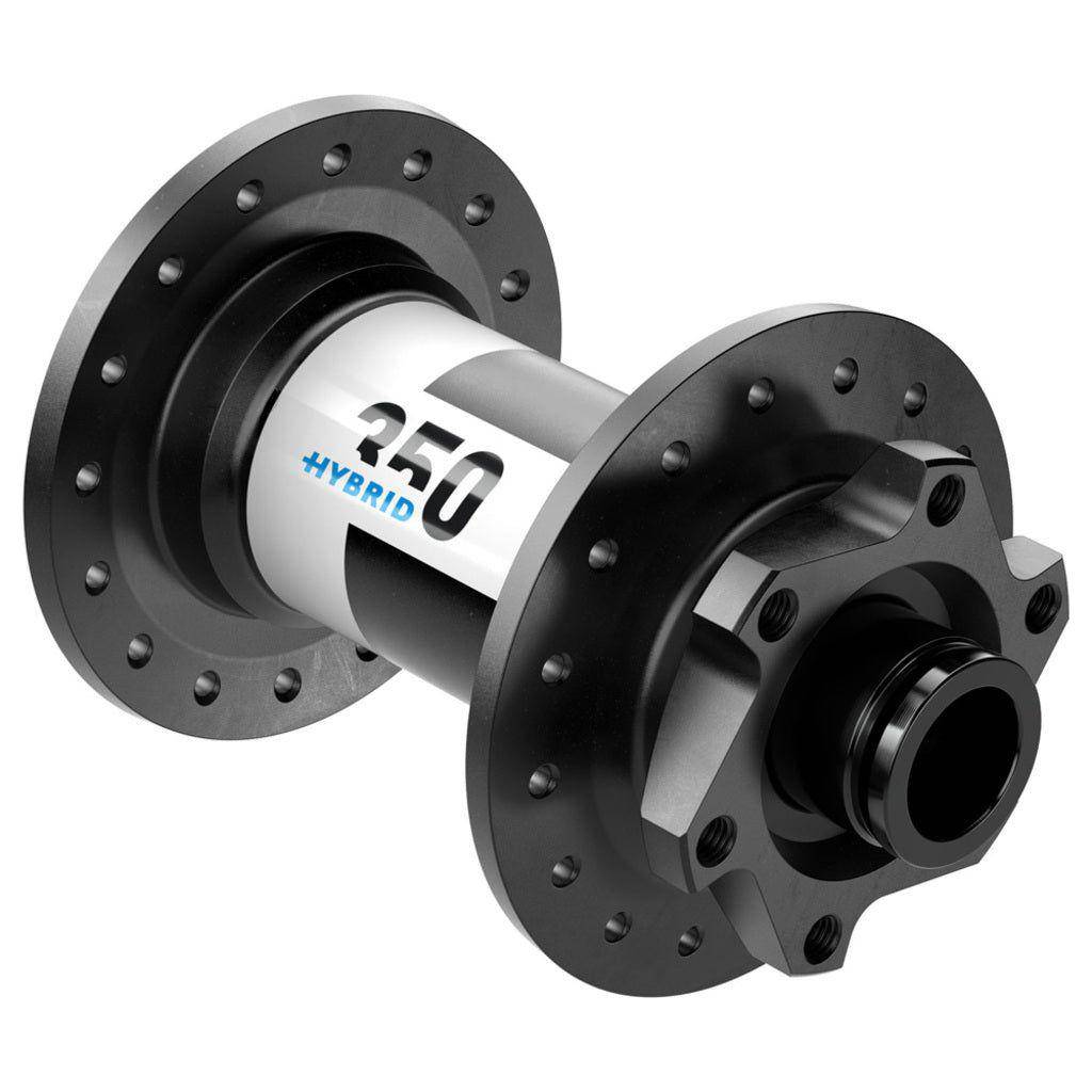 Zwarte DT Swiss 350 Hybrid ATB Boost disc voornaaf, aluminium, 32g, 110/15mm, geschikt voor mountainbike.