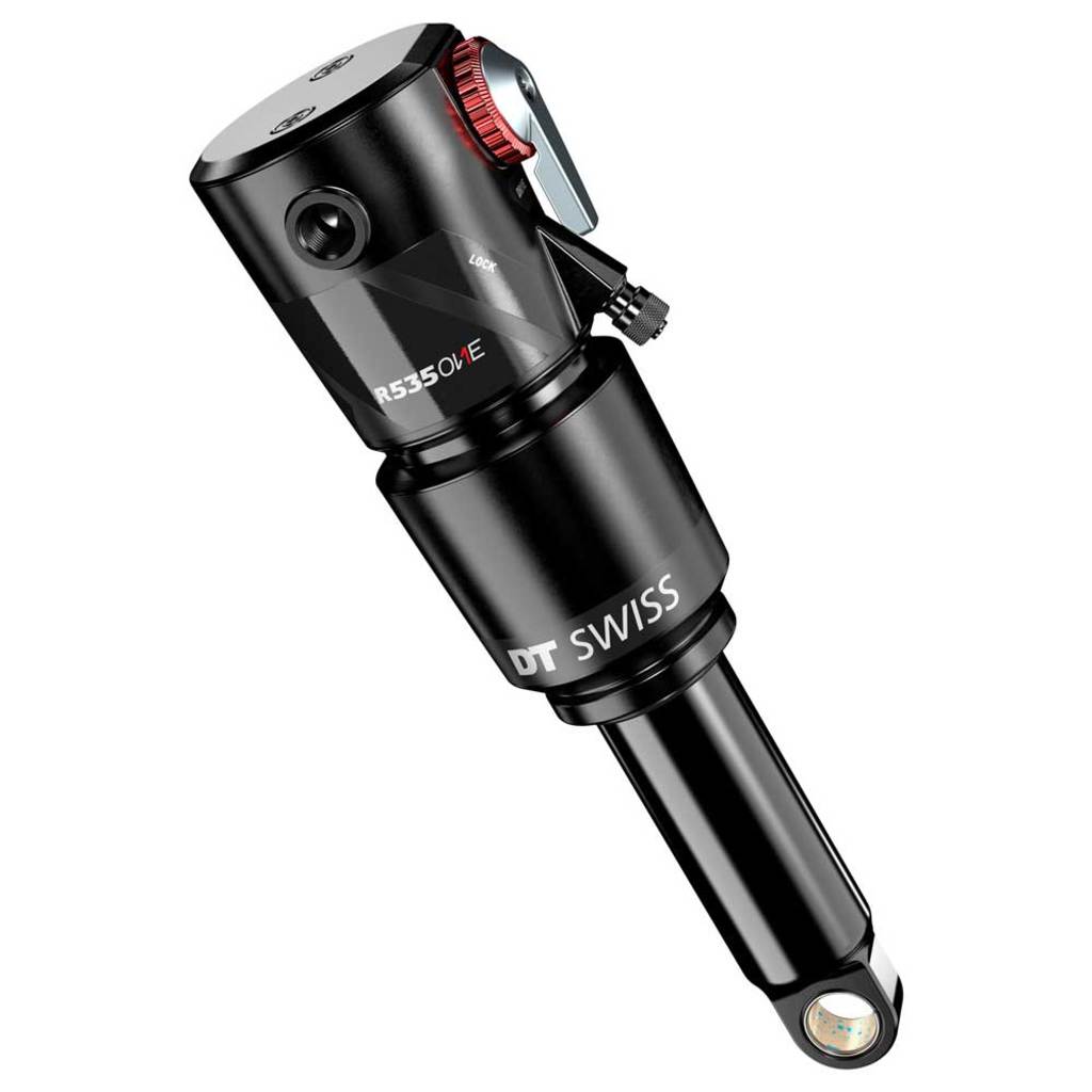 DT Swiss schokdemper DT R535 One Incontrol 205x65, zwart, zichtbaar met demper en bevestigingsonderdelen op de afbeelding