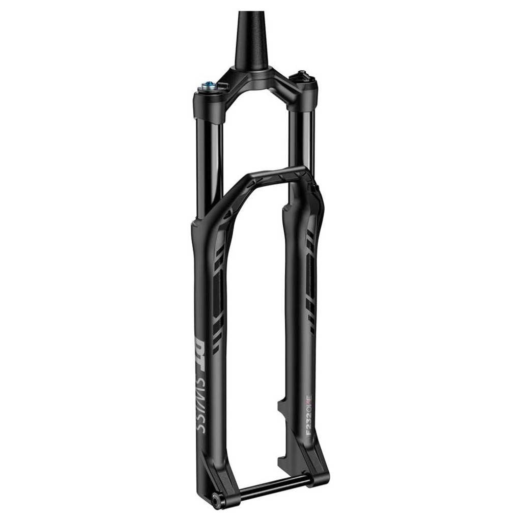 Zwarte DT Swiss F232 One MTB voorvork 29 inch met veer, 100mm veerweg, magnesium remote en 44mm offset.