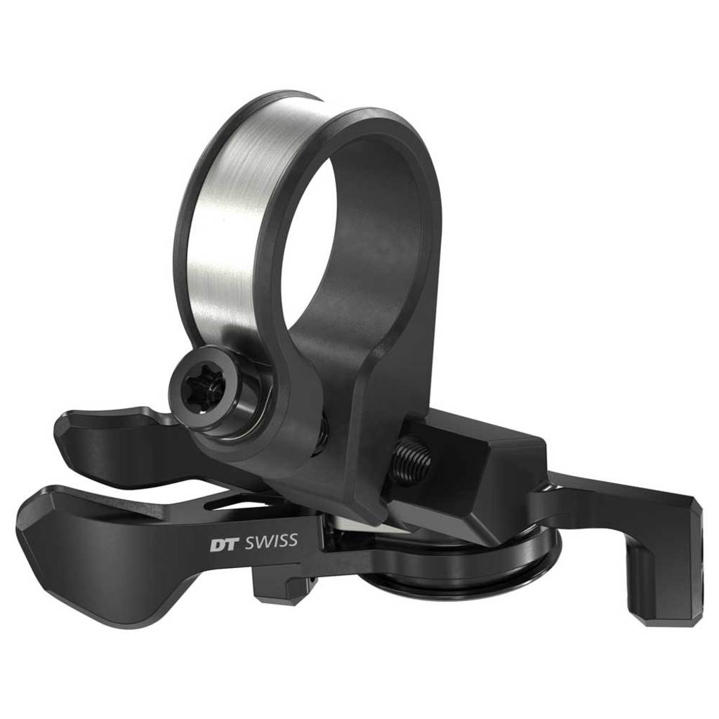 Zwarte DT Swiss Stuud DT L2 dubbele traploze remote voor mountainbikes, zichtbaar in de afbeelding.
