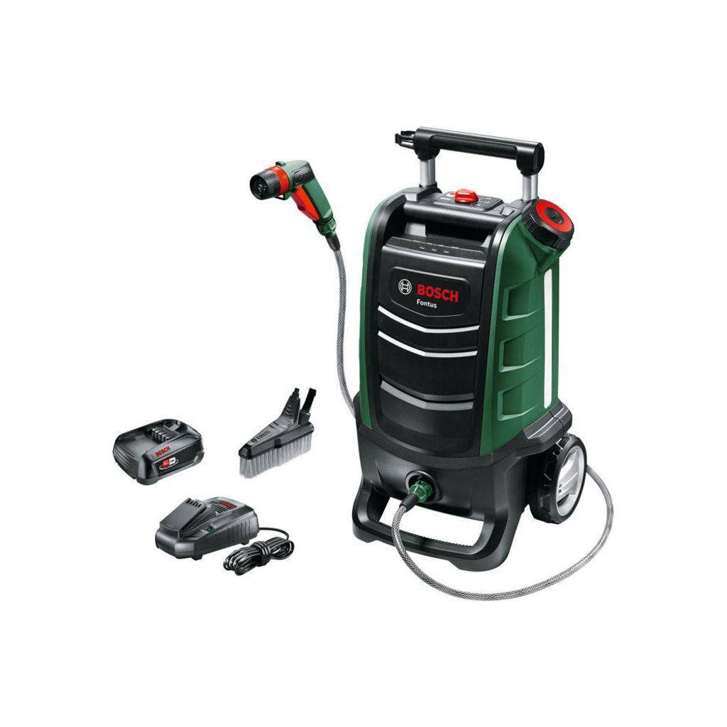 Bosch Grs Fontus 18V accu fietsreiniger met mobiele waterpomp en accessoires, geschikt voor snel en effectief schoonmaken.