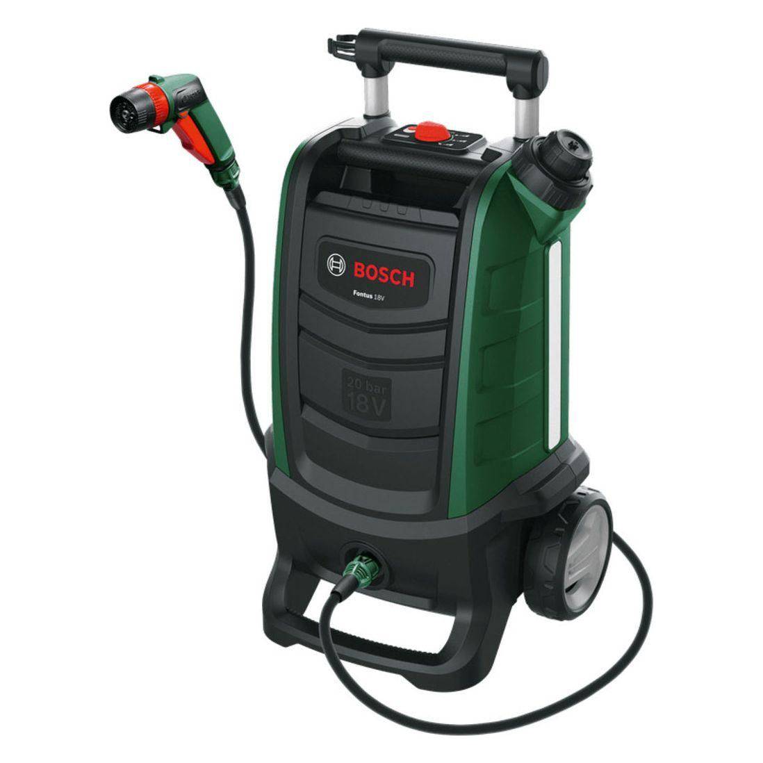 Bosch Grs Fontus drukreiniger 18V accu, mobiele fietsreiniger met waterpistool en opbergruimte voor fietsenreiniging.