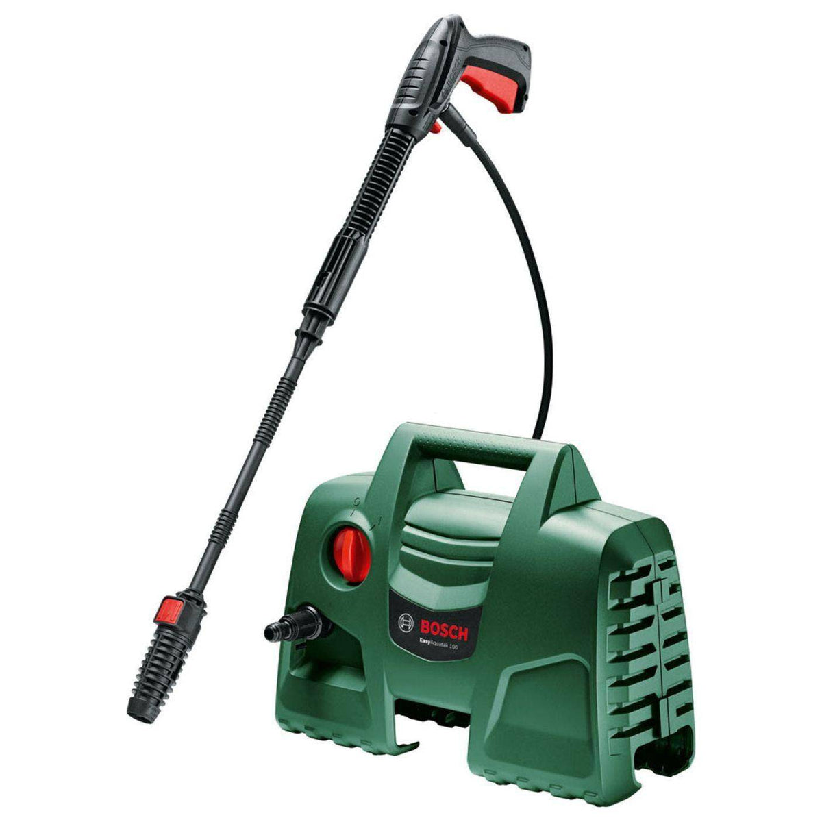 Bosch EasyAquatak 100 mobiele hogedrukreiniger voor fietsen, met handvat en slang, geschikt voor snel schoonmaken van fietsen.