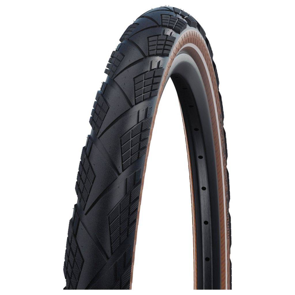 Zwarte en transparante Schwalbe 28-inch Marathon Efficiency Addix Race V-Guard vouwband voor stadsfietsen, zichtbaar in de afbeelding.