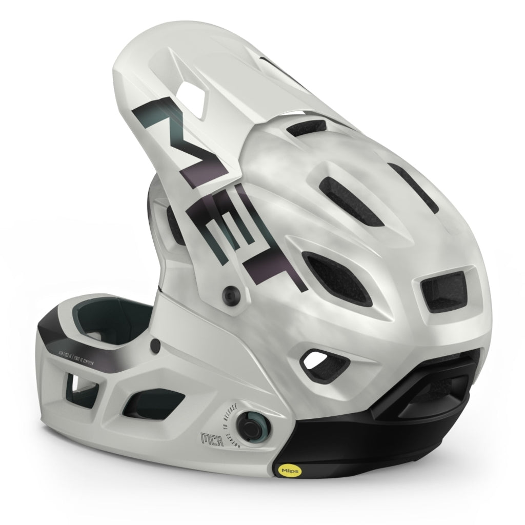 MET Parachute Mcr Mips full face fietshelm met ventilatiegaten en verstelbare riem, veilig en comfortabel voor mountainbiken.