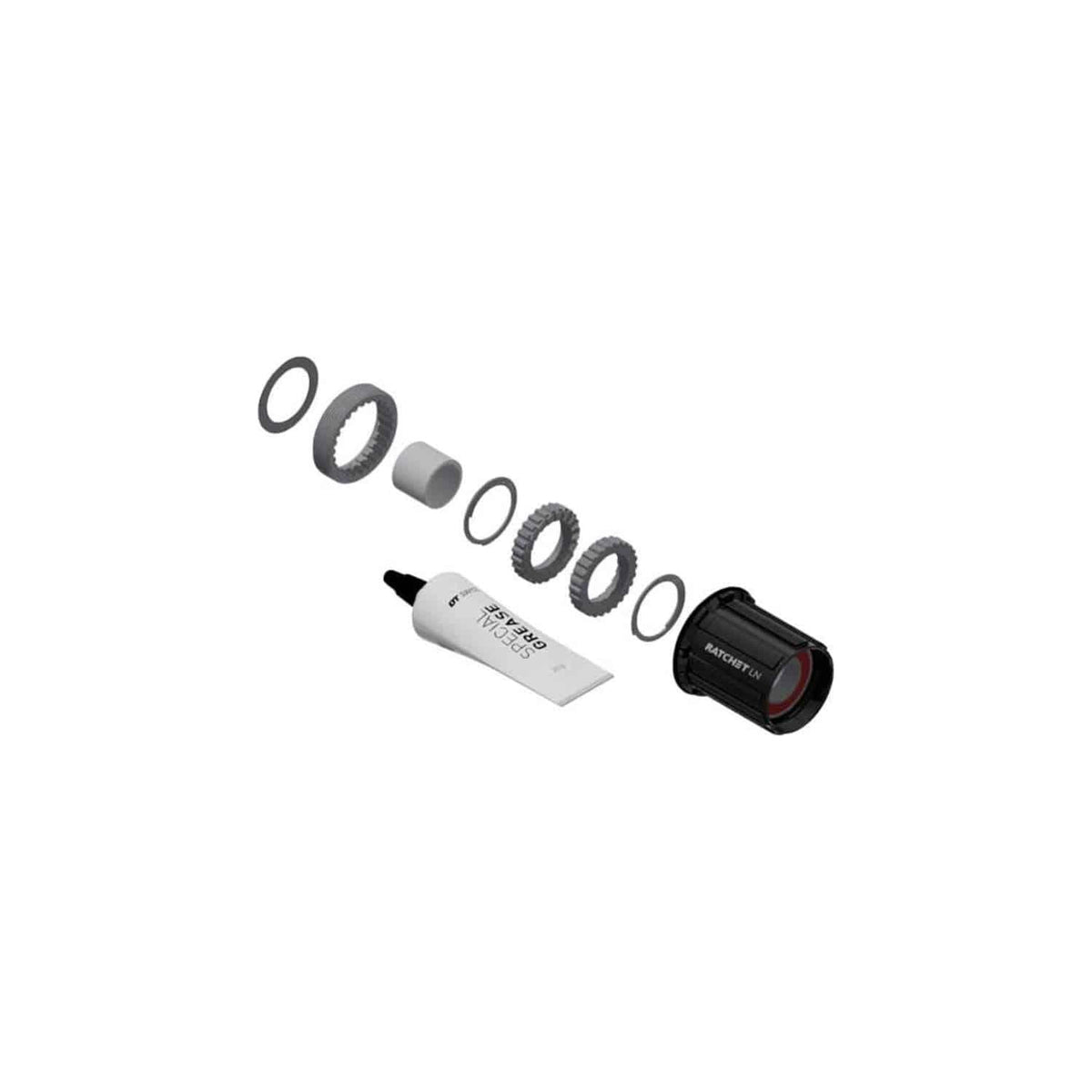 DT Swiss naafdome en ratchet ombouwkit Race M met aluminium body, zichtbaar in de afbeelding.