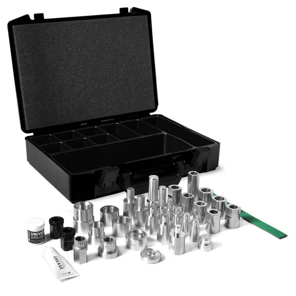 DT Swiss GRS DT Toolkit naaf met gereedschap en onderdelen, zwart en metalen afwerking, geschikt voor wielbouw en reparatie