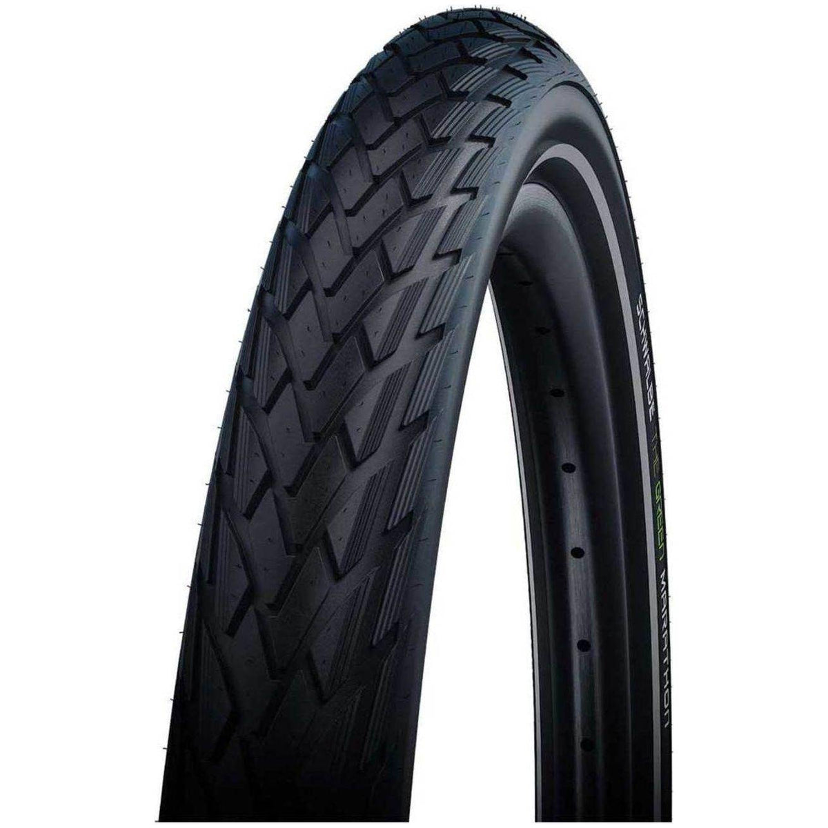 Zwarte Schwalbe Marathon Addix Eco buitenband voor 28-inch e-bike, met Greenguard antileklaag en duurzame rubberconstructie.