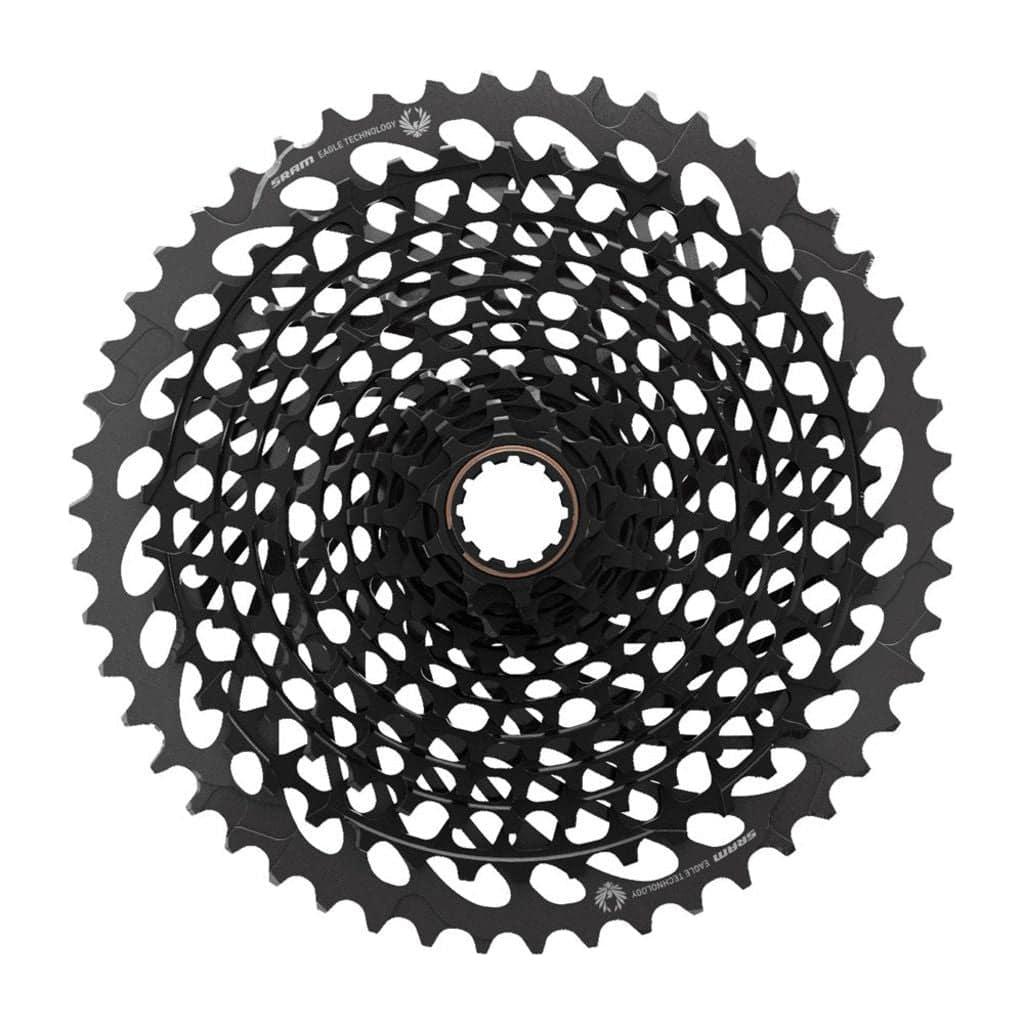 Zwarte Sram 12-speed XG-1295 cassette met 10-50 tanden, geschikt voor XD freehub, zichtbaar op fietscomponent.