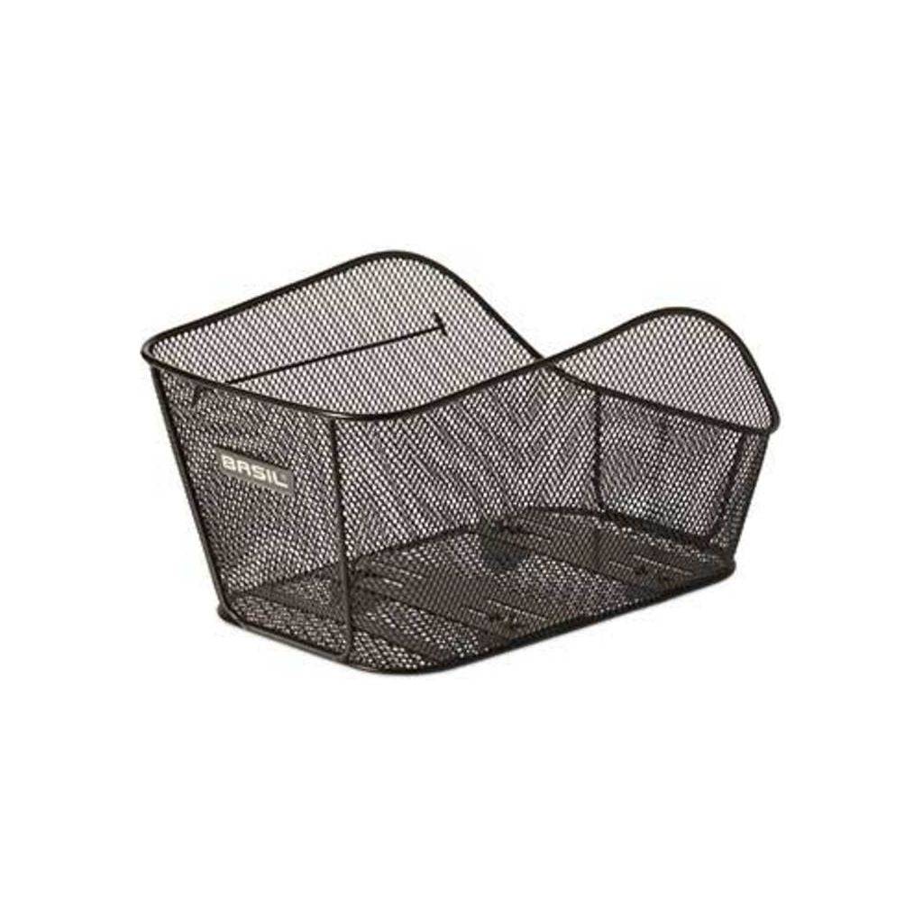 Zwarte Basil fietsmand Icon M 40x33x25 cm met bevestigingssysteem, geschikt voor fietsaccessoires en boodschappen.