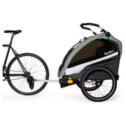 Burley D'lite X dubbele kinderfietskar met verstelbare vering en ruimte voor twee kinderen, geschikt voor comfortabel fietsen.