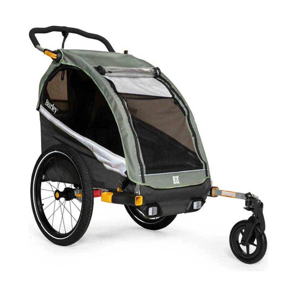 Burley D'lite X enkele kinderfietskar in sagegroen en grijs, geschikt voor één kind, met duidelijke wielen en frame.