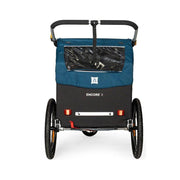 Burley Encore X 2-zits kinderfietskar met vering in Pacific Blue en zwart, geschikt voor comfortabel kindertransport.