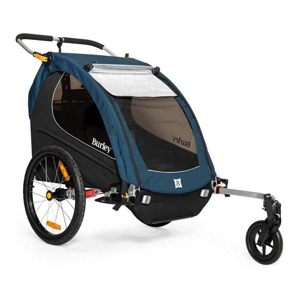 Burley Encore X 2-zits fietskar voor kinderen in Pacific Blue en zwart, met vering en ruim zitgedeelte.