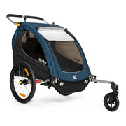 Burley Encore X 2-zits fietskar voor kinderen in Pacific Blue en zwart, met vering en ruim zitgedeelte.