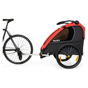 Burley Honey Bee kinderfietskar voor 2 kinderen, inklapbaar, rood en zwart, met stevige frame en comfortabele zitplaatsen.