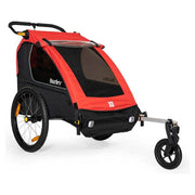 Burley Honey Bee kinderfietskar voor 2 kinderen, inklapbaar, rood en zwart, geschikt voor veilig fietsen met kinderen.