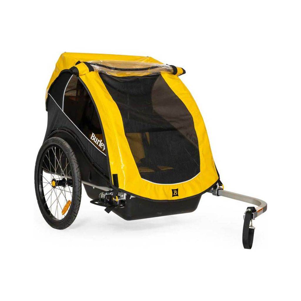 Zwarte en gele Burley Rental Cub kinderfietskar inklapbaar voor 2 kinderen, geschikt voor veilig kindertransport.