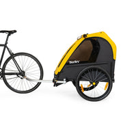 Burley Bee Double kinderfietskar in geel en zwart voor twee kinderen, geschikt voor fietsritten.