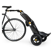 Zwarte Burley Travoy transportfiets aanhanger, vouwbare transportkar voor fietsen, zichtbaar met compact en gebruiksklaar design