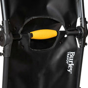 Zwarte Burley Travoy transportfietskar, vouwbaar en compact, voor het vervoeren van bagage op de fiets.