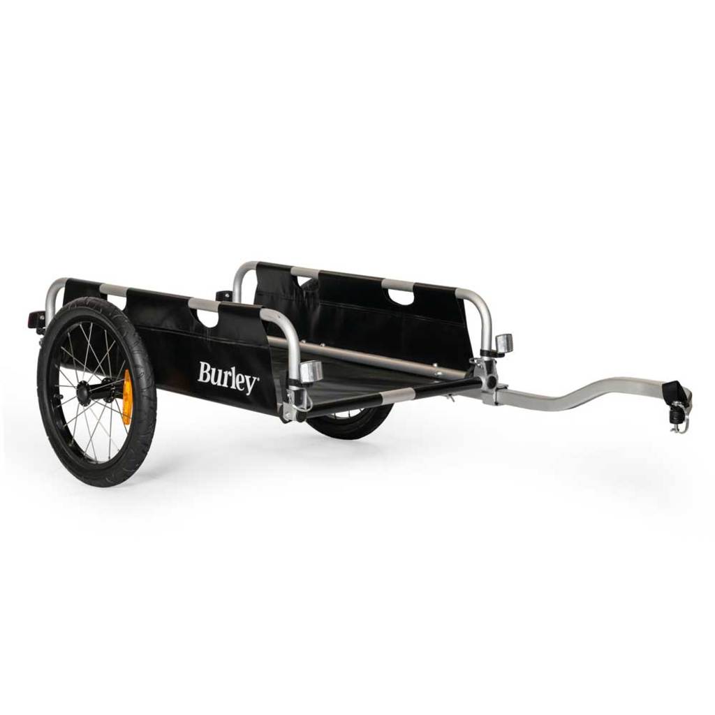 Zwarte Burley Flatbed transportkar voor fietsen, inklapbaar en geschikt voor het vervoeren van goederen.