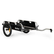 Zwarte Burley Flatbed transportkar voor fietsen, inklapbaar en geschikt voor het vervoeren van goederen.
