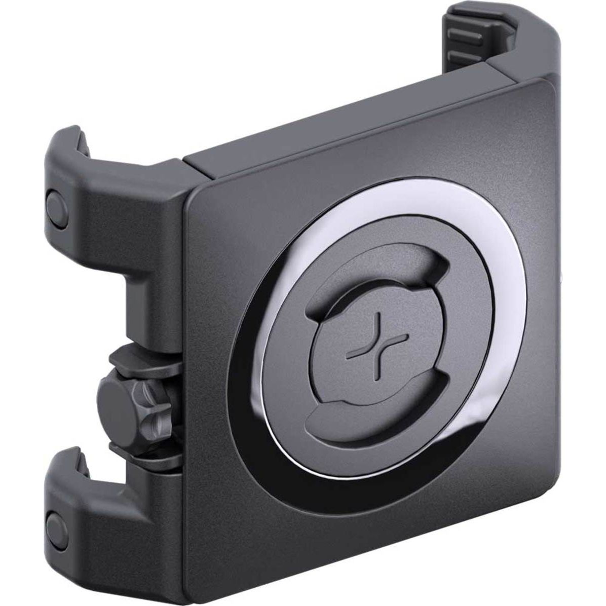 Zwarte SP Connect fiets telefoonhouder met clampbevestiging, universeel compatibel voor veilige montage op de fiets.