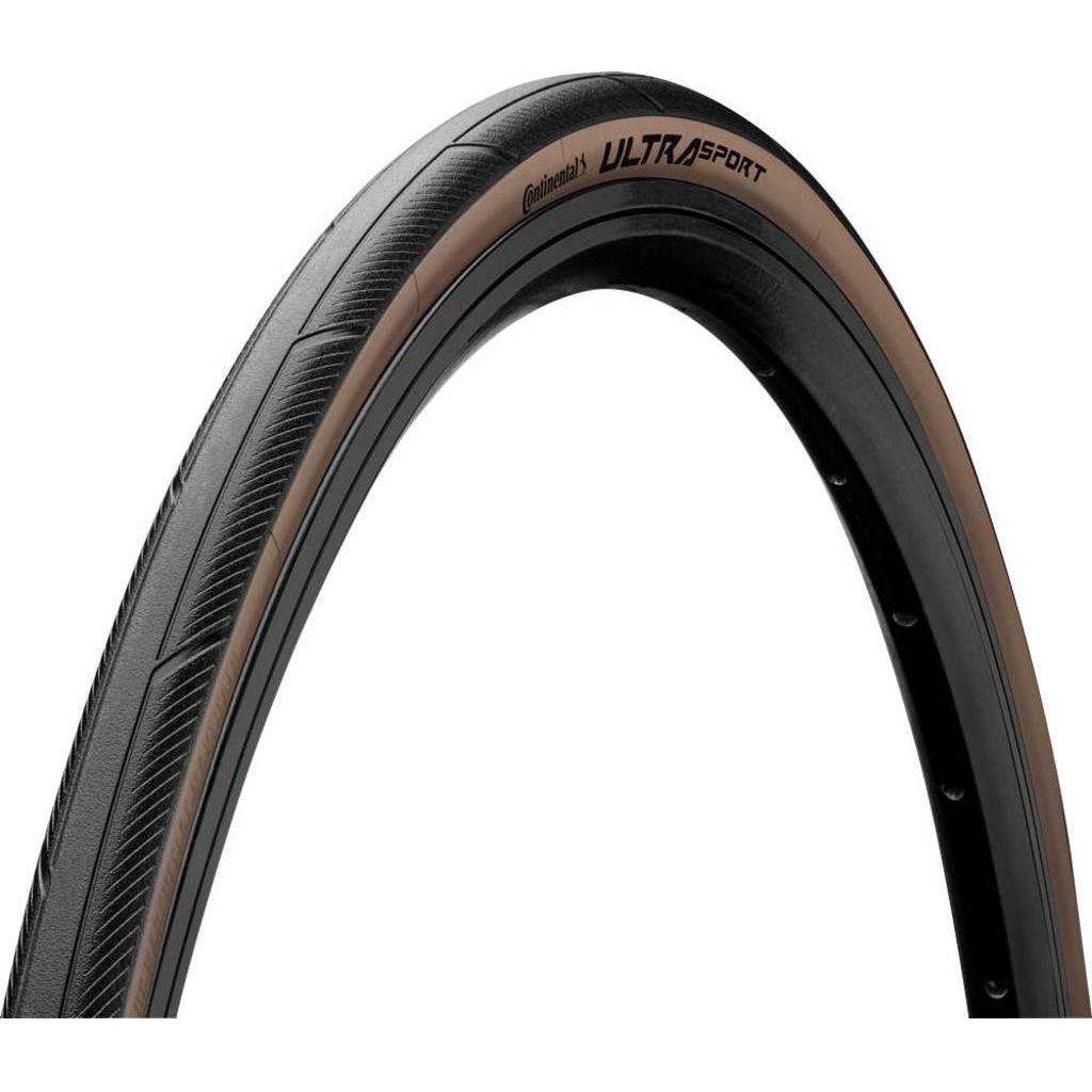 Zwarte en bruin Continental Ultra Sport III 28-inch racefiets buitenband met antislip profiel, geschikt voor snelheid en grip.