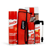 CyclOn E-bike servicepakket met reiniging en bandenreparatie, inclusief gereedschap en onderdelen voor onderhoud.