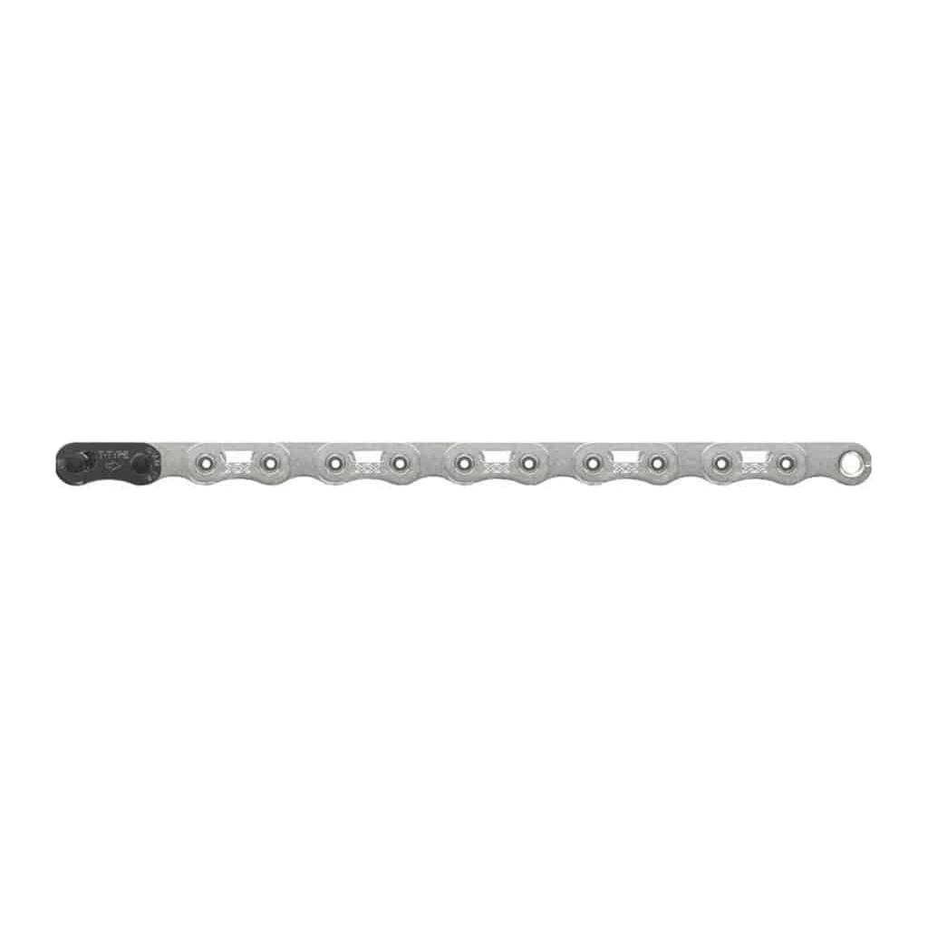 Zwarte SRAM 12-speed ketting XXSL T A1 T HP 126 voor fiets, zichtbaar liggend op een witte achtergrond
