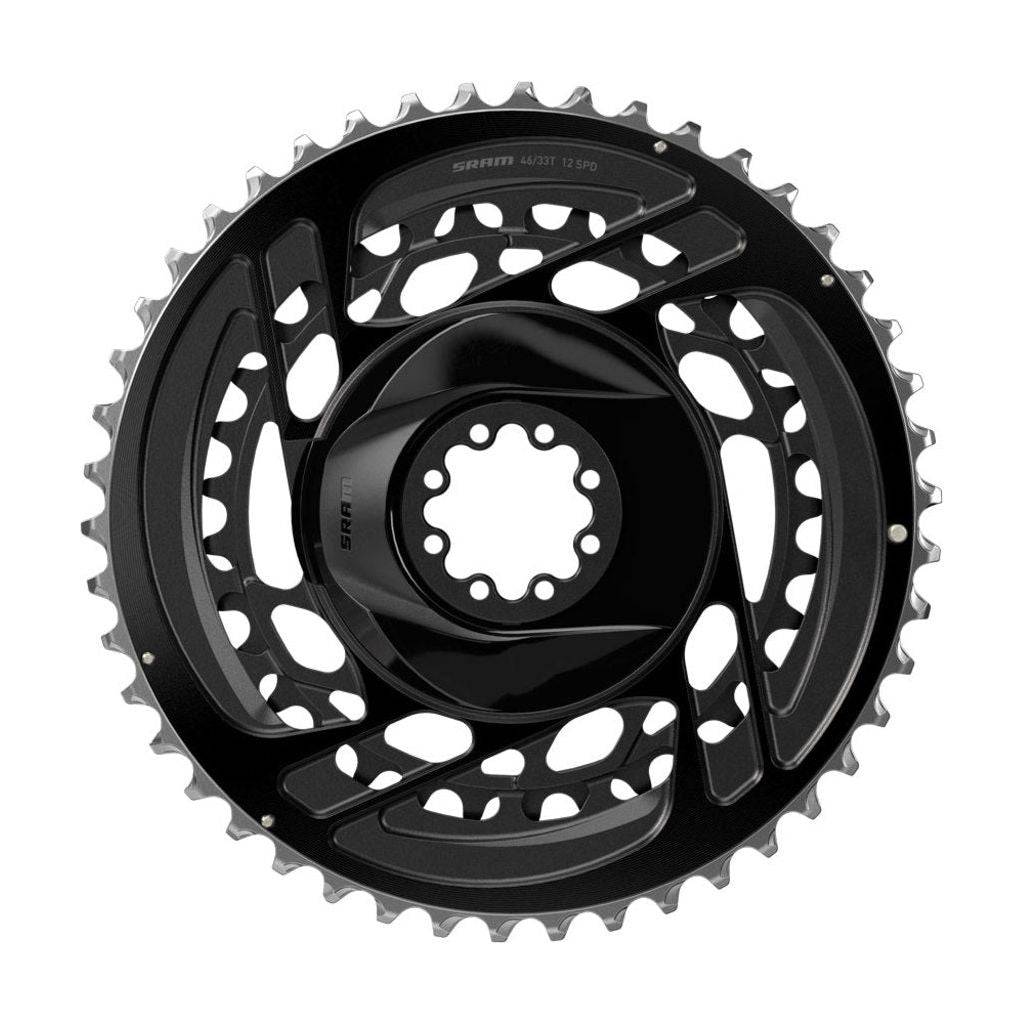 Zwart Sram Force AXS D2 DM 12-speed kettingblad voor racefietsen, met fijne tandstructuur en lichte aluminium constructie.